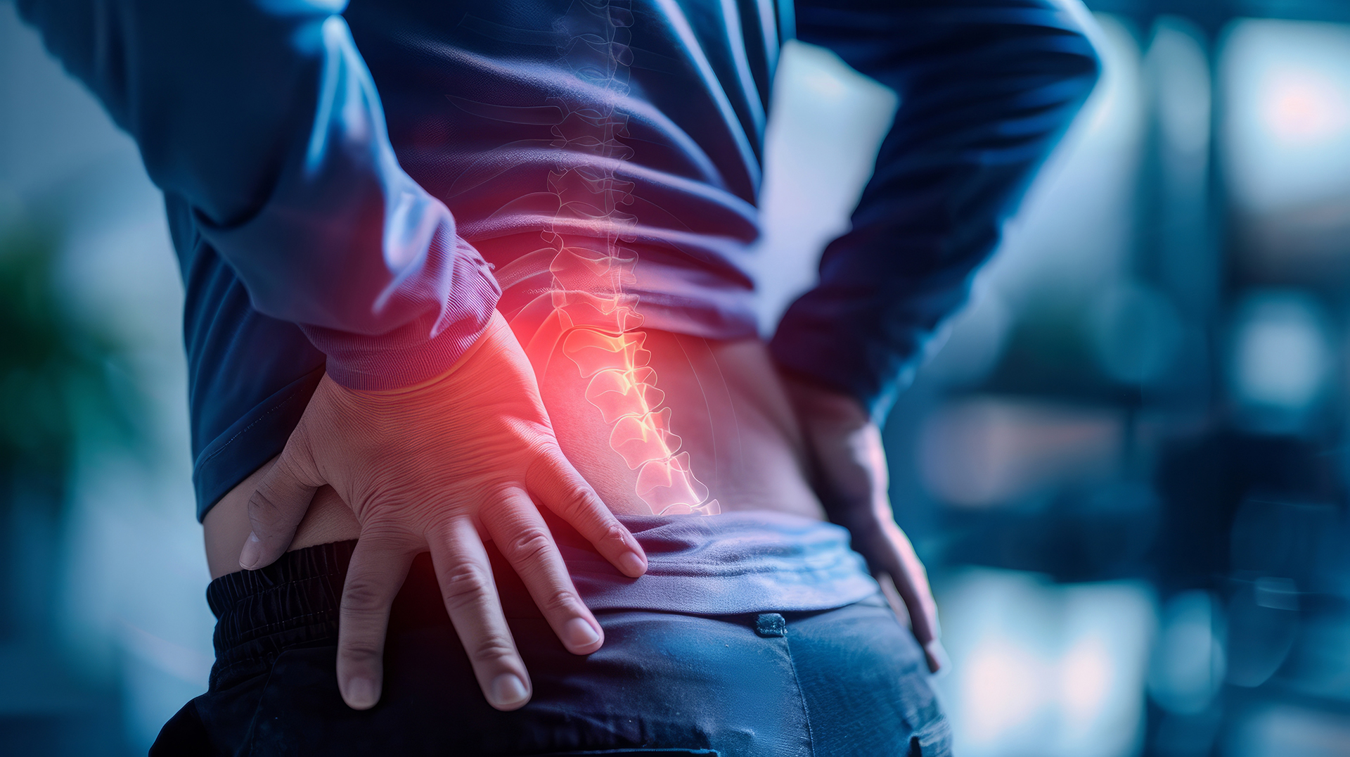 A man experiencing lower back pain, with a glowing illustration of his spine and the affected area highlighted in red.